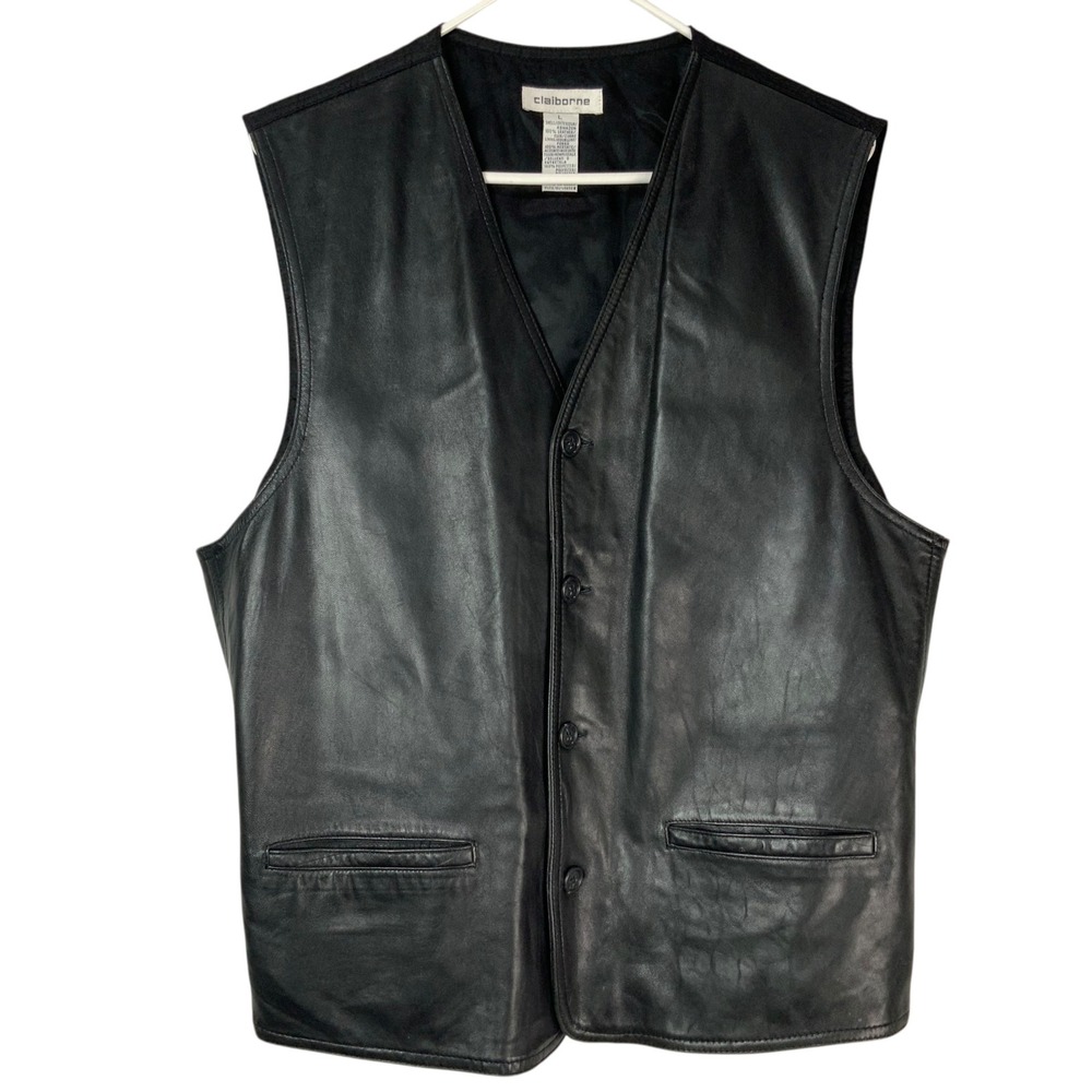 Claiborne Black Leather Quilted Back Vest Large Button V-Neck Sleeveless Buckle